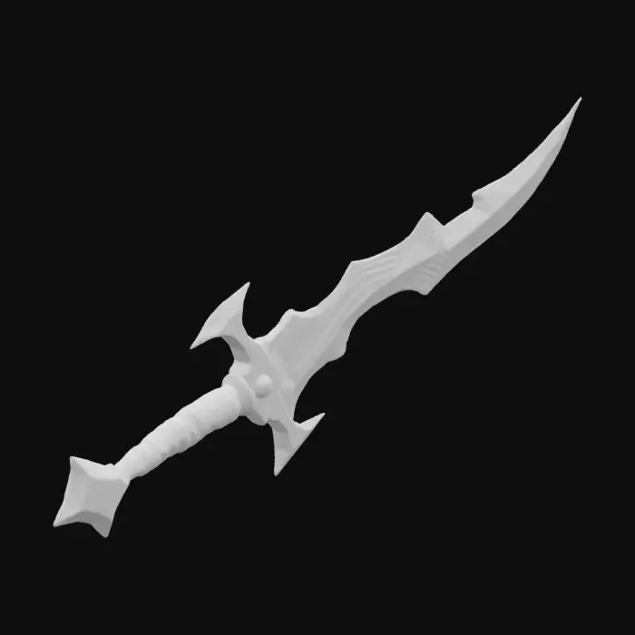 3D model for The object is a metallic, asymmetrical dagger with a curving blade, jagged edges, and a textured, ornate hilt. The handle and guard is black meteor metal texture 