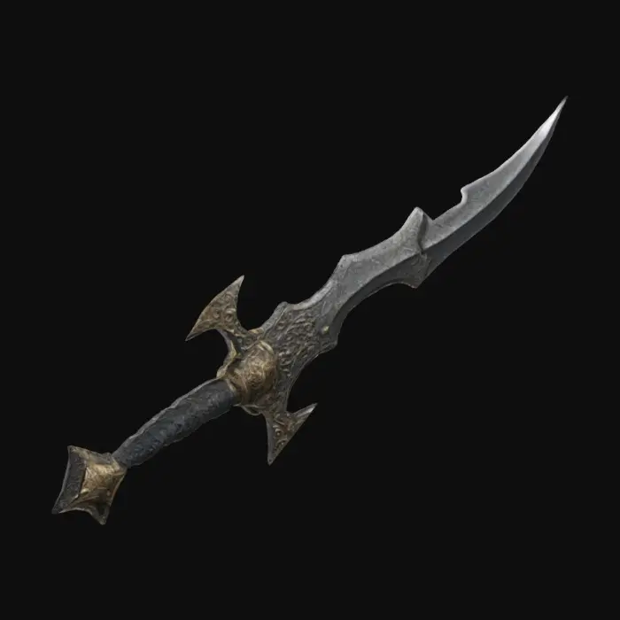 3D model for The object is a metallic, asymmetrical dagger with a curving blade, jagged edges, and a textured, ornate hilt. The handle and guard is black meteor metal texture 