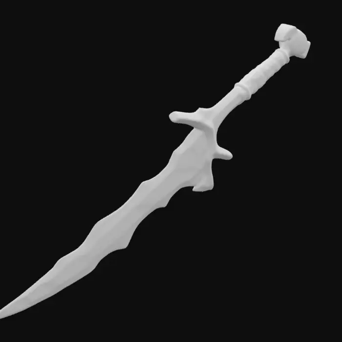3D model for The object is a metallic, asymmetrical dagger with a curving blade, jagged edges, and a textured, ornate hilt.