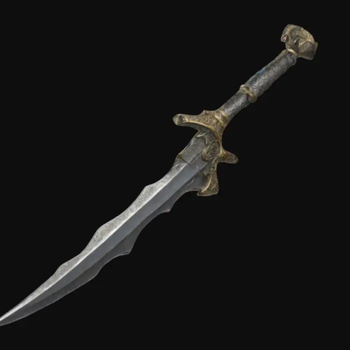3D model for The object is a metallic, asymmetrical dagger with a curving blade, jagged edges, and a textured, ornate hilt.