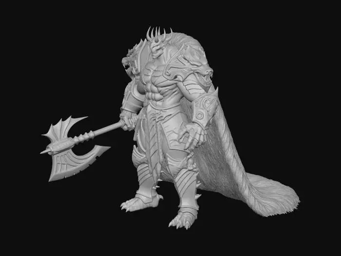 3D model for Massive 7-foot muscular man, dark weathered skin with scale-like texture spreading from neck down arms, tribal scarification dragon patterns across chest and back, shaved head with six bone horn implants forming crown, ember orange eyes with vertical slit pupils, molten orange veins glowing on neck and forearms, heavy blackened steel plate armor with dragon head pauldrons and scale-pattern breastplate, right arm in elaborate dragon-claw gauntlet with articulated claws left arm bare showing scales, heavy black dragon hide fur-lined cape, plate greaves with claw-toe boots, wielding massive two-handed greataxe with dragon head pommel and heat-glowing blade edges, volcanic orange and obsidian black colors, T-pose for rigging, highly detailed scale and armor textures, dramatic warm lighting, 4K