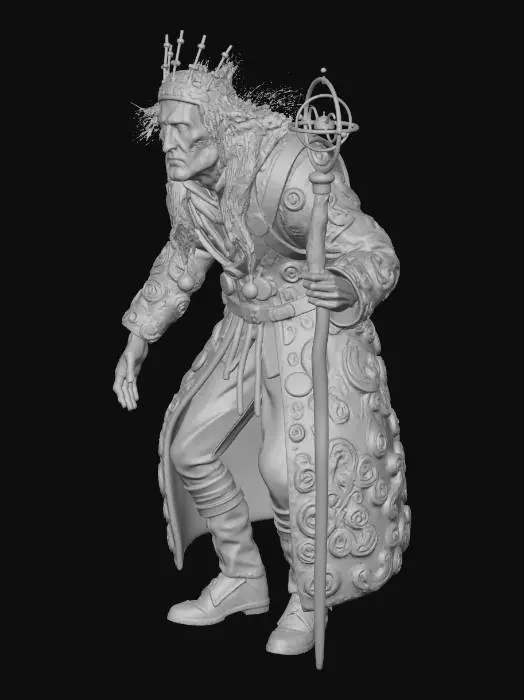 3D model for Extremely gaunt elderly man 6-foot hunched, paper-thin wrinkled skin showing skull beneath, wispy long white hair floating upward defying gravity, pale clouded eyes with hourglass-shaped pupils, sunken cheeks hollow eye sockets visible veins, heavy dark blue-gray layered coat with hundreds of tiny brass clock gears sewn into fabric, leather harness with pocket watches hanging, metal headpiece crown with clock hands pointing different directions, tall wooden staff topped with spinning brass orrery, dark pants with hourglass-buckle boots beneath coat, ice blue and tarnished brass colors, T-pose for rigging, highly detailed clockwork and skin textures, cool dramatic lighting, sharp focus, 4K