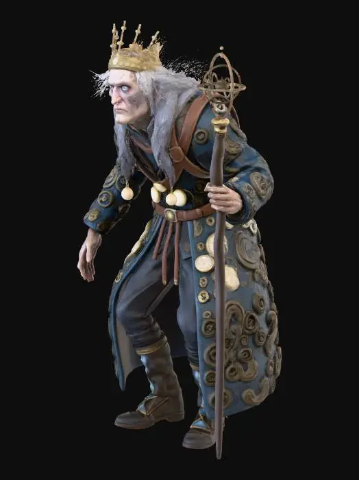 3D model for Extremely gaunt elderly man 6-foot hunched, paper-thin wrinkled skin showing skull beneath, wispy long white hair floating upward defying gravity, pale clouded eyes with hourglass-shaped pupils, sunken cheeks hollow eye sockets visible veins, heavy dark blue-gray layered coat with hundreds of tiny brass clock gears sewn into fabric, leather harness with pocket watches hanging, metal headpiece crown with clock hands pointing different directions, tall wooden staff topped with spinning brass orrery, dark pants with hourglass-buckle boots beneath coat, ice blue and tarnished brass colors, T-pose for rigging, highly detailed clockwork and skin textures, cool dramatic lighting, sharp focus, 4K