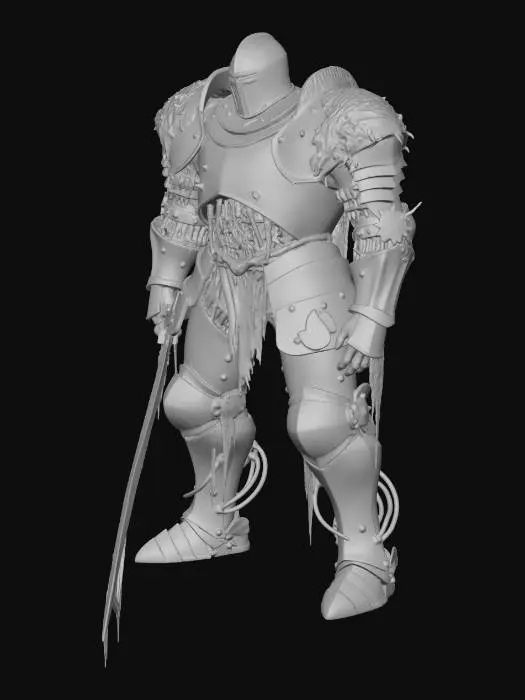 3D model for Massive 10-foot tall ancient plate armor suit, heavily rusted and corroded with holes showing empty interior, faint blue luminescent gas visible inside helmet and chest cavity, enormous pitted rusted greatsword dragging on ground, mechanical joints visible at knees and elbows, moss and cobwebs on shoulders, slow imposing stance, ancient iron rust and ethereal blue colors, T-pose for rigging, highly detailed corrosion textures, intricate mechanical joint details, dim atmospheric lighting with blue glow, sharp focus, 4K