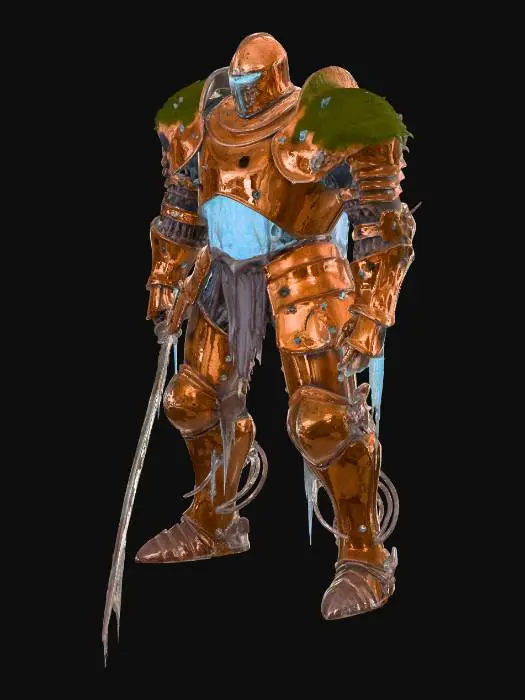 3D model for Massive 10-foot tall ancient plate armor suit, heavily rusted and corroded with holes showing empty interior, faint blue luminescent gas visible inside helmet and chest cavity, enormous pitted rusted greatsword dragging on ground, mechanical joints visible at knees and elbows, moss and cobwebs on shoulders, slow imposing stance, ancient iron rust and ethereal blue colors, T-pose for rigging, highly detailed corrosion textures, intricate mechanical joint details, dim atmospheric lighting with blue glow, sharp focus, 4K