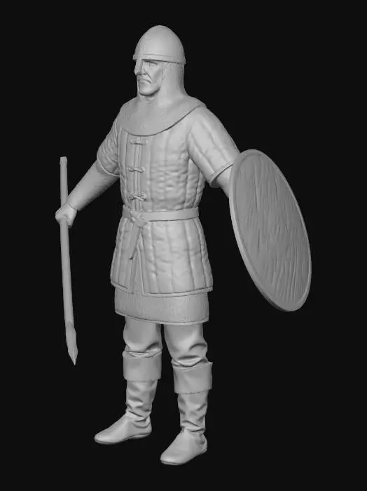 3D model for Average male soldier 5-foot-9 with tired weathered face and stubble, practical layered armor with padded tan gambeson and mail shirt, simple iron kettle helm with nose guard, leather belt and worn boots, wielding 6-foot wooden spear with iron tip and round wooden shield with iron boss, alert but fatigued standing guard pose, steel gray and brown leather colors, T-pose for rigging, highly detailed fabric mail and weapon textures, even lighting, sharp focus