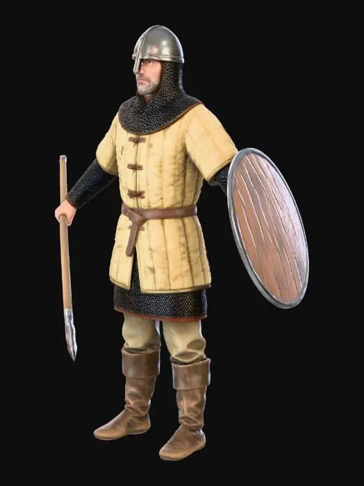 3D model for Average male soldier 5-foot-9 with tired weathered face and stubble, practical layered armor with padded tan gambeson and mail shirt, simple iron kettle helm with nose guard, leather belt and worn boots, wielding 6-foot wooden spear with iron tip and round wooden shield with iron boss, alert but fatigued standing guard pose, steel gray and brown leather colors, T-pose for rigging, highly detailed fabric mail and weapon textures, even lighting, sharp focus