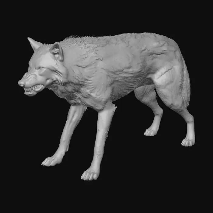 3D model for Diseased feral dog-wolf hybrid, patchy missing mangy fur showing diseased skin, infected swollen gums with crooked yellow teeth, bloodshot red eyes with madness, lean starving body with visible ribs, rabid aggressive snarling stance, dirty brown and gray colors, highly detailed fur and skin disease textures, realistic teeth details, harsh lighting, sharp focus