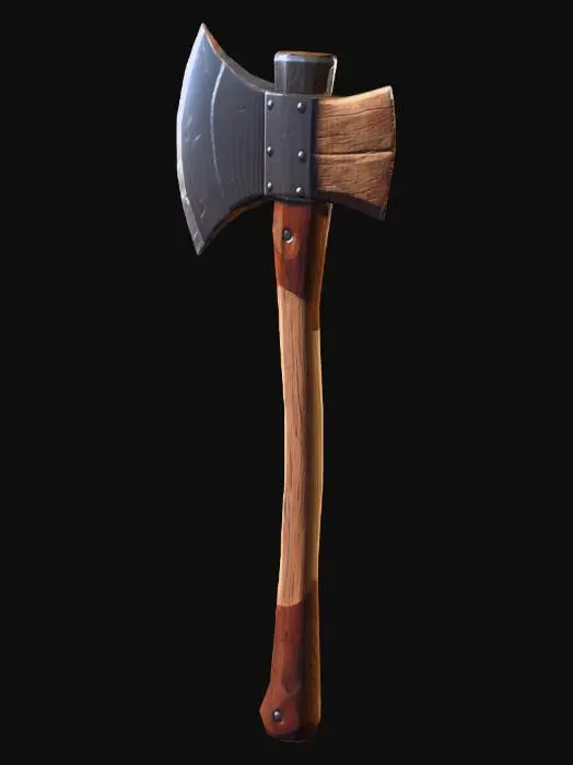 3D model for Low poly axe with straight wooden handle (low poly wood texture) and steel blade (low poly metal texture), simple stylized geometry, clean edges, cartoonish low poly style, no high-detail textures, suitable for Unity 3D