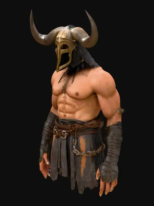 3D model for A model of a gladiator-berserker. Gritty textures. Pay attention to arms and hands; They need to be rendered perfectly. Standing in a T-pose or an A-pose.  Full body model. Athletic build. Face fully covered with a bronze masked murmillo helmet. Follow the prompt. Do not stray.