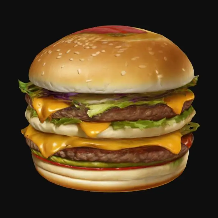 3D model for A realistic illustration of a burger styled like a Big Mac. The burger includes a sesame seed bun on top, two juicy beef patties, layers of melted cheese, fresh lettuce, sliced pickles, and a special sauce oozing slightly between the layers. The bottom bun completes the sandwich. The image should be vibrant, highlighting the colors and textures of the fresh ingredients, with a clean white background to emphasize the burger.
