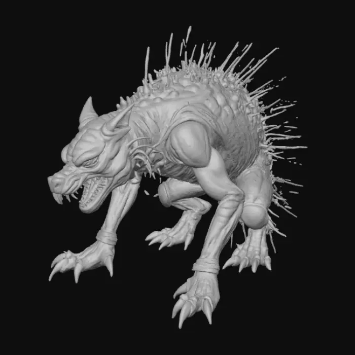 3D model for Imagine a feral, cyber-horror beast stalking dimly lit streets, its hybrid form a disturbing mosaic of engineered animal parts. Its skin is a patchwork of scarred, dark synth-leather and gleaming, intricately etched obsidian-like plating, all rendered in an intensely vibrant thermal mapping. Vivid fuchsia and electric lime pulse with internal heat, contrasting against cool steel and shadowy carbon fiber. Jagged spires and exposed hydraulic systems underscore its menacing presence, casting an ethereal, flickering glow.
