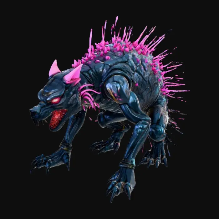 3D model for Imagine a feral, cyber-horror beast stalking dimly lit streets, its hybrid form a disturbing mosaic of engineered animal parts. Its skin is a patchwork of scarred, dark synth-leather and gleaming, intricately etched obsidian-like plating, all rendered in an intensely vibrant thermal mapping. Vivid fuchsia and electric lime pulse with internal heat, contrasting against cool steel and shadowy carbon fiber. Jagged spires and exposed hydraulic systems underscore its menacing presence, casting an ethereal, flickering glow.