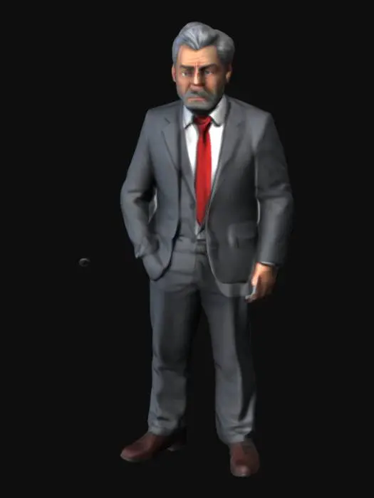 3D model for odelo 3D de un hombre gerente. Se trata de un hombre maduro (alrededor de 45-50 años) con rasgos faciales serios y confiados, cabello canoso peinado hacia atrás y barba recortada. Viste un traje a medida color gris oscuro, camisa blanca y corbata elegante (puede ser roja o azul). La postura es erguida y la mirada, determinada y profesional. El render debe incluir iluminación realista y texturas de alta calidad en piel, traje y accesorios, con un fondo neutro.