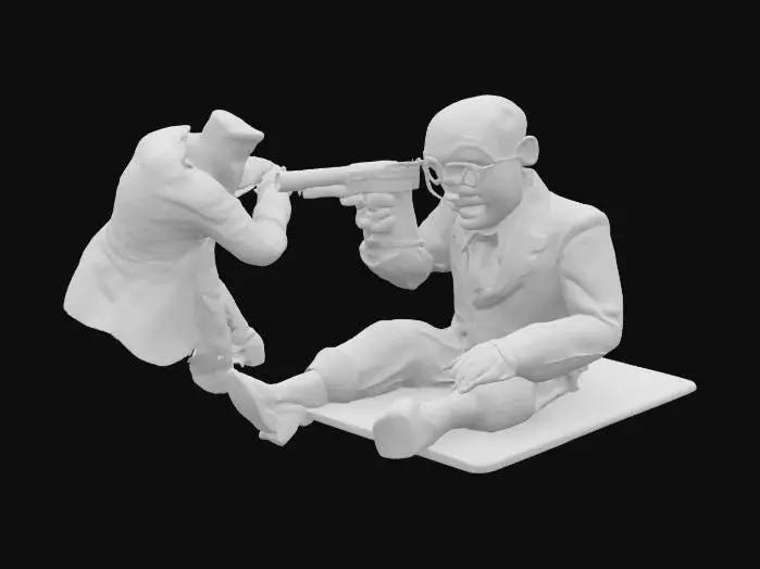 3D model for Agent 47 vs Scarface: “Speak No Mercy” — Art Prompt
Scene Composition:
The design captures Agent 47 mid-dive behind a vintage wooden speakeasy bar, his silenced pistol raised as he fires back. The bar is splintering from gunfire, with shattered liquor bottles and glass raining through the air in slow motion, catching glints of dim speakeasy light.

At center stage on the opposite side, Scarface — the wooden dummy — sits menacingly on the Ventriloquist’s lap atop a dusty table, tommy gun blazing wildly. The Ventriloquist’s wide, terrified eyes peek over Scarface’s shoulder, his hands trembling on the puppet’s controls.