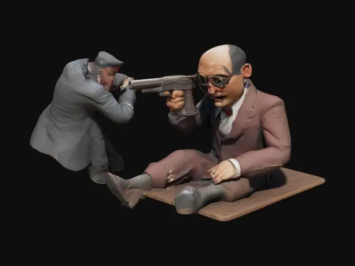 3D model for Agent 47 vs Scarface: “Speak No Mercy” — Art Prompt
Scene Composition:
The design captures Agent 47 mid-dive behind a vintage wooden speakeasy bar, his silenced pistol raised as he fires back. The bar is splintering from gunfire, with shattered liquor bottles and glass raining through the air in slow motion, catching glints of dim speakeasy light.

At center stage on the opposite side, Scarface — the wooden dummy — sits menacingly on the Ventriloquist’s lap atop a dusty table, tommy gun blazing wildly. The Ventriloquist’s wide, terrified eyes peek over Scarface’s shoulder, his hands trembling on the puppet’s controls.