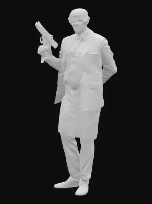 3D model for Agent 47’s Smile of Professor Pyg

Prompt:
Depict Agent 47 in a blood-smeared operating theater, surrounded by mannequins in doll masks. Professor Pyg lunges at him with a cleaver, his apron soaked in crimson. 47 holds a scalpel in one hand and a silenced pistol in the other, calm amid the chaos. The background is lit by flickering surgical lights.