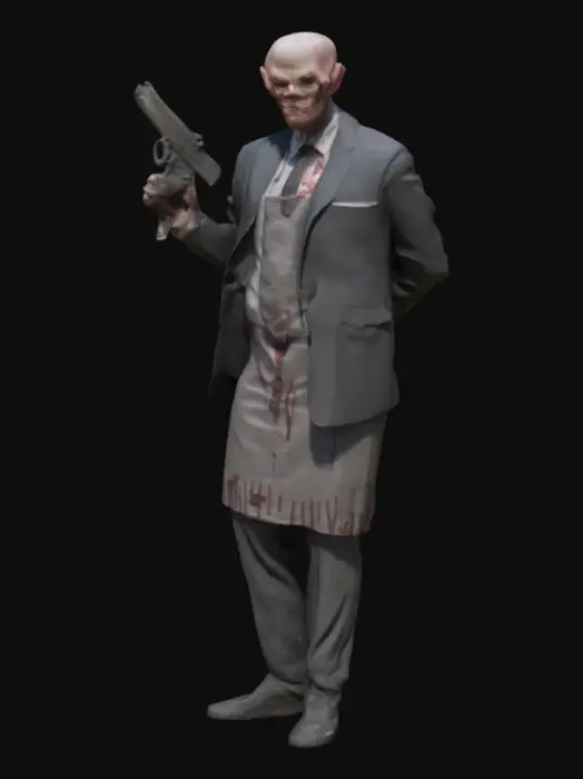 3D model for Agent 47’s Smile of Professor Pyg

Prompt:
Depict Agent 47 in a blood-smeared operating theater, surrounded by mannequins in doll masks. Professor Pyg lunges at him with a cleaver, his apron soaked in crimson. 47 holds a scalpel in one hand and a silenced pistol in the other, calm amid the chaos. The background is lit by flickering surgical lights.