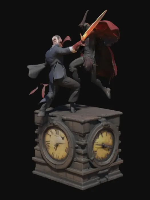 3D model for Agent 47’s Smile of Professor Pyg

Prompt:
Agent 47’s Encounter with Ra's al Ghul

Prompt:
Show 47 and Ra’s crossing blades atop Gotham’s crumbling clocktower at dusk. Ra’s eyes burn with ancient fury, wielding a curved scimitar; 47 parries with precision, his suit torn, face focused. The city skyline bleeds into a stormy horizon.