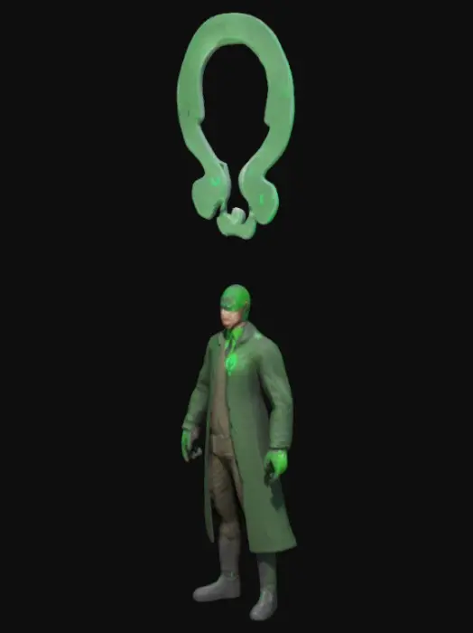 3D model for Agent 47’s Battle of Witts (Riddler)

Prompt:
Riddler’s lair: walls covered in glowing green question marks. 47 solves a puzzle lock as hidden turrets aim at him. Riddler watches via monitor, smirking.