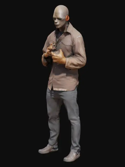 3D model for Design:
Clayface’s morphing form wraps around the sides of the shirt, face half-melted into Agent 47’s likeness. 47 stands with detonator clenched in one hand, facing the monstrosity.
Style: Earth tones with metallic highlights for the clay.
Tagline: “Trust No Reflection”