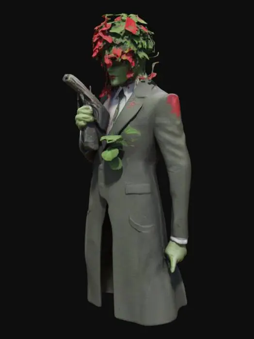 3D model for Agent 47 vs Poison Ivy: The Green Reign"
Design:
Vines twist around Agent 47’s body, thorned blossoms forming the shape of Ivy’s face across the chest. 47’s pistol barrel barely visible through the foliage, aimed outward.
Style: Deep greens with pops of crimson for the flowers.
Tagline: “Nature’s Assassin”