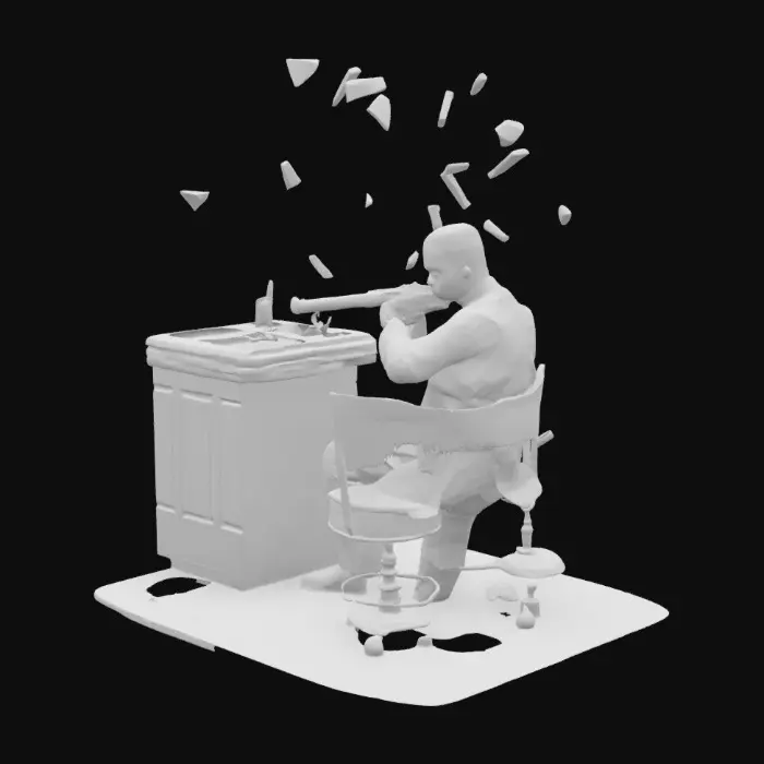 3D model for Act Two: Agent 47’s Shadows of The Ventriloquist

Prompt:
47 faces Scarface propped on the Ventriloquist’s lap in a darkened speakeasy. Scarface’s tommy gun sprays bullets as 47 dives behind the bar, returning fire. Broken glass glitters in mid-air.