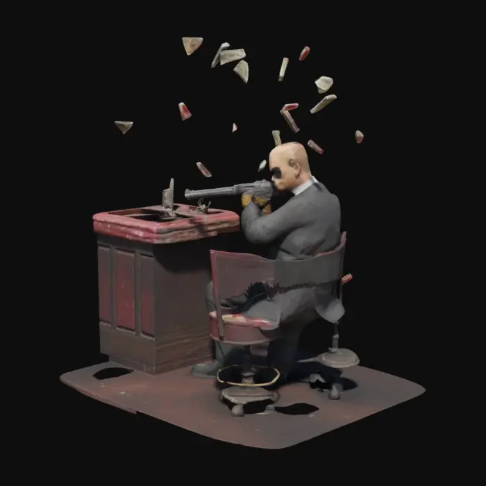 3D model for Act Two: Agent 47’s Shadows of The Ventriloquist

Prompt:
47 faces Scarface propped on the Ventriloquist’s lap in a darkened speakeasy. Scarface’s tommy gun sprays bullets as 47 dives behind the bar, returning fire. Broken glass glitters in mid-air.