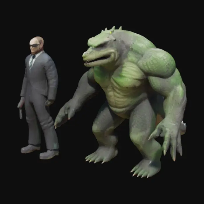 3D model for Agent 47’s Underworld Odyssey (Killer Croc)

Prompt:
Deep in Gotham’s sewers, 47 stands ankle-deep in sludge, gun trained on Croc bursting through a brick wall. The lighting is dim and green-hued, water dripping from pipes, Croc’s massive form towering in primal rage.