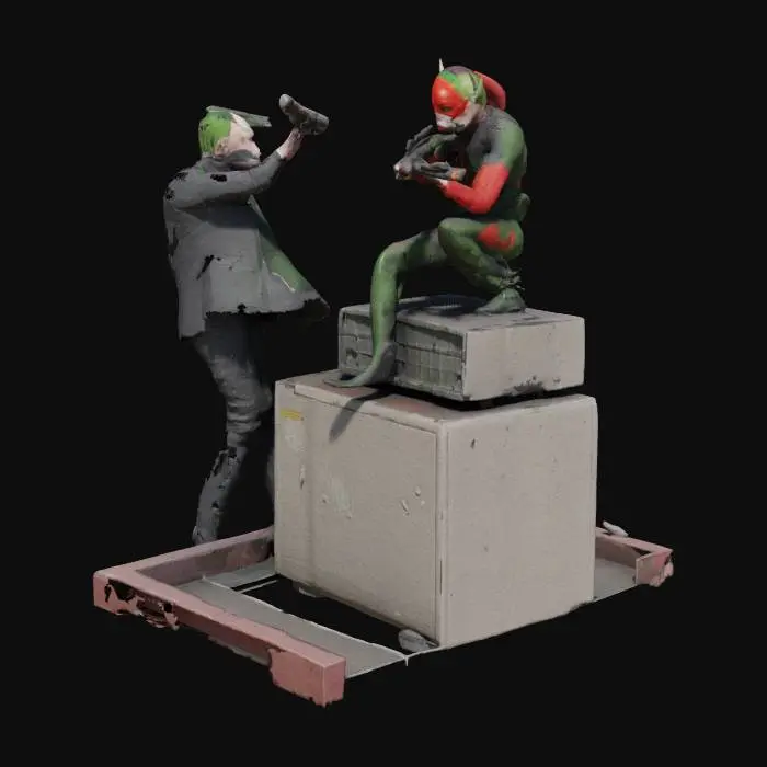 3D model for Agent 47 vs Poison Ivy: The Green Reign"
Agent 47 vs Deadshot: “The Crosshairs Converge” — Art Prompt 🔥

Scene Composition:
The design freezes an intense rooftop duel: Agent 47 slides behind the low cover of a crumbling ledge, twin silenced pistols aimed outward, his tie flaring in the wind. Across from him, Deadshot perches on a damaged air conditioning unit, wrist cannon charged, his iconic laser sight cutting through the smoky night directly at 47’s head.

The background showcases Gotham’s skyline under a blood-red moon, spotlighting distant police choppers circling the scene. Shattered glass and shell casings glint mid-air, caught between both assassins’ crossfire.