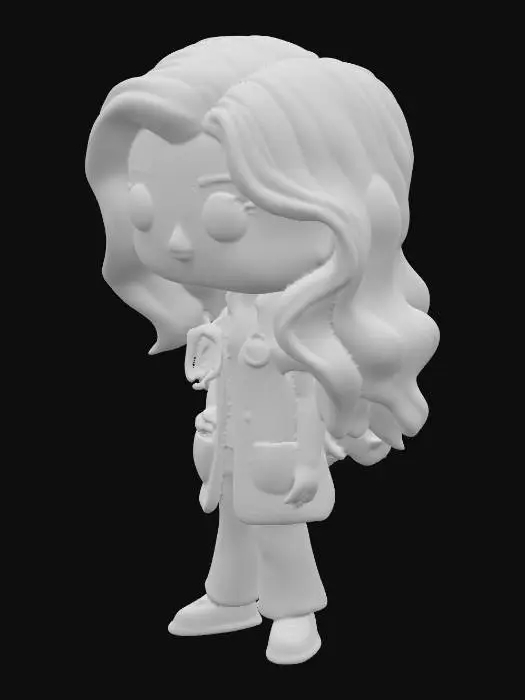 3D model for A stylized Funko Pop-inspired 3D model of a female doctor, featuring an oversized head and a compact body. She has long, flowing black wavy hair cascading down her shoulders, and large, dark, expressive eyes. She wears a simplified medical uniform, perhaps a white lab coat over light-colored scrubs, rendered in smooth, matte vinyl-like material with crisp edges. Her small, rounded hands are positioned neutrally, and her cheerful, serene expression is subtly sculpted.