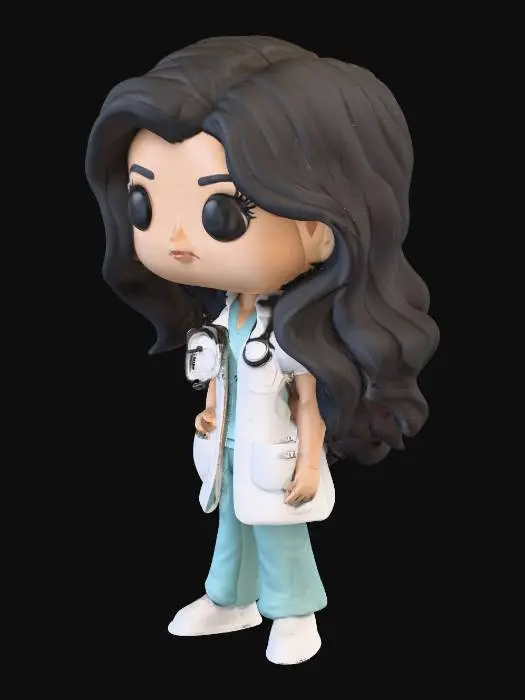 3D model for A stylized Funko Pop-inspired 3D model of a female doctor, featuring an oversized head and a compact body. She has long, flowing black wavy hair cascading down her shoulders, and large, dark, expressive eyes. She wears a simplified medical uniform, perhaps a white lab coat over light-colored scrubs, rendered in smooth, matte vinyl-like material with crisp edges. Her small, rounded hands are positioned neutrally, and her cheerful, serene expression is subtly sculpted.