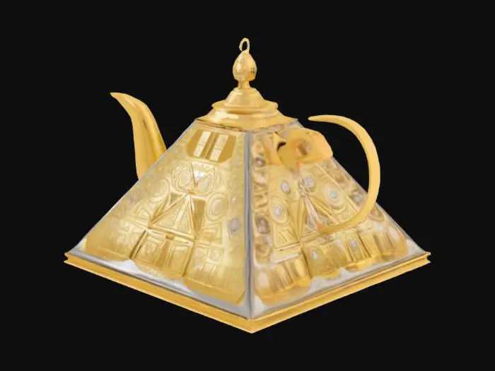 3D model for #AroundTheWorld#, make a tea kettle in the shape great pyramid of Giza with the decoration of diamonds, gold and sliver on it. 