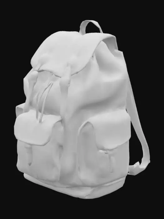 3D model for Create a highly detailed 3D model of a vintage explorer backpack. backpack is made of dark brown leather, showing wear and tear marks such as scratches, scuffs, and faded areas. It features multiple pockets of various sizes, each secured with metal buckles on leather straps or brass zippers. The main compartment has a drawstring closure covered by a flap with an additional buckle. Side and front pockets are designed for small items. The backpack includes adjustable shoulder straps made from the same leather, reinforced with metal rivets. Incorporate stitching lines, leather patches for repairs, and decorative elements like embossed patterns or initials. The model should be high poly to capture all the intricate details, and the textures must be realistic, conveying the aged leather.