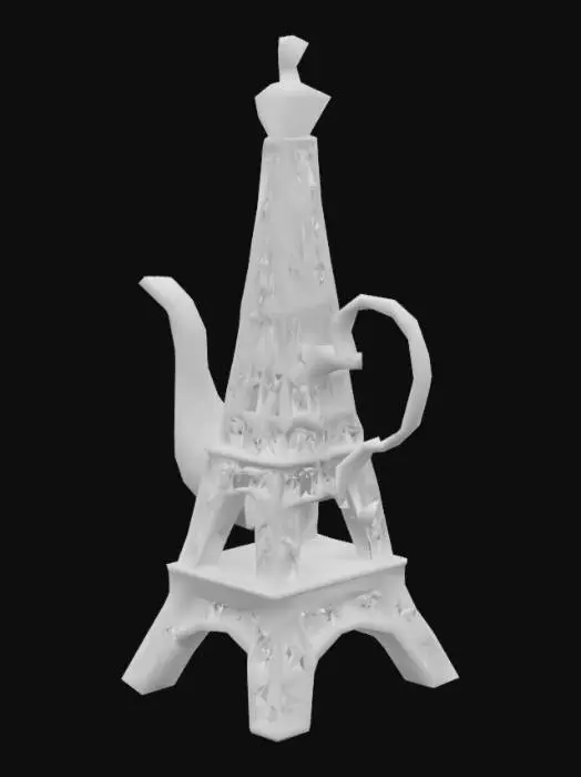 3D model for #AroundTheWorld#, make a tea kettle in the shape of Eiffel tower with the decoration of diamonds, gold and sliver on it.