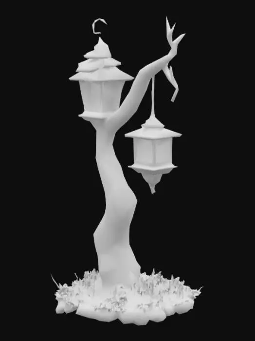 3D model for Fantasy-style low-poly lantern post with a crooked wooden stand, hanging metal lantern with warm glow, and moss around the base. Colors: dark brown, bronze, yellow. Simple, readable silhouette.