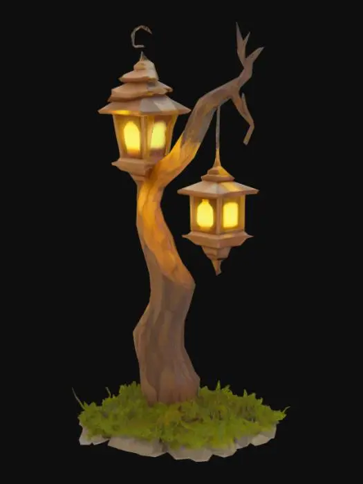 3D model for Fantasy-style low-poly lantern post with a crooked wooden stand, hanging metal lantern with warm glow, and moss around the base. Colors: dark brown, bronze, yellow. Simple, readable silhouette.