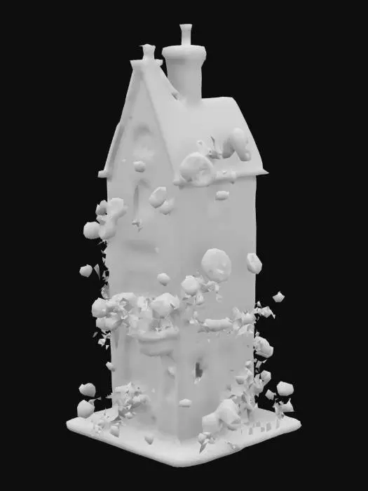 3D model for #garden#, A crazy gardener's house: thin and high white building in a style of romantism, a big grotesque - all in flowers. Flowers are big, bright - roses, tulips, and growing from everywhere: windows, chimney, and around the house. High-poly detailed model.