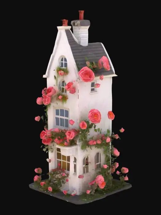 3D model for #garden#, A crazy gardener's house: thin and high white building in a style of romantism, a big grotesque - all in flowers. Flowers are big, bright - roses, tulips, and growing from everywhere: windows, chimney, and around the house. High-poly detailed model.