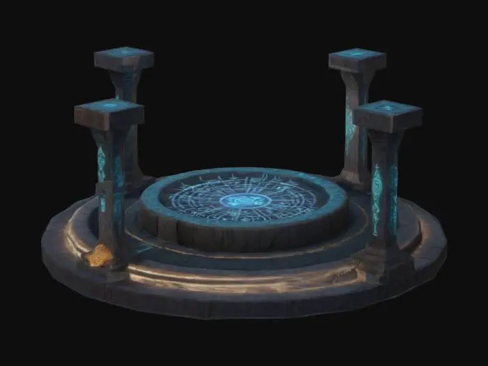 3D model for A teleportation platform, in the style of anime, with ancient runes decorating it