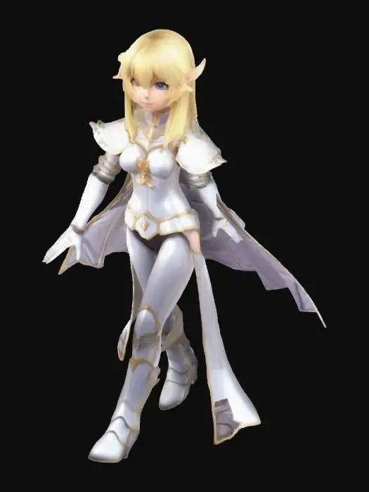 3D model for a blond-haired magician girl in the style of anime, dressed in a light battle armor, T-pose