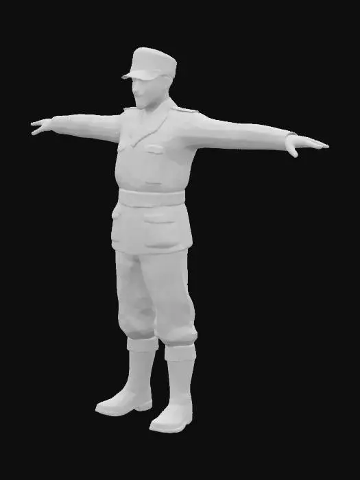 3D model for Создай 3D-модель австро-венгерского солдата Первой мировой войны в T-позе, без винтовки. На нем светло-серая/голубая форма: куртка с карманами, брюки, 
заправленные в кожаные ботинки. На голове военная кепка с дубовыми листочками слева. Через грудь — кожаные Y-образные ремни с латунными пряжками, на поясе патронная сумка. За спиной рюкзак с прикрепленным скатанным одеялом. На левом боку ножны для штыка (без самого штыка). На груди красный сигнальный свисток на шнуре. Лицо с усами, строгое выражение. Телосложение среднее, пропорции реалистичные.