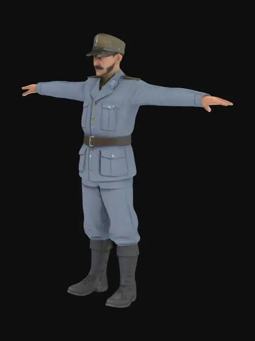 3D model for Создай 3D-модель австро-венгерского солдата Первой мировой войны в T-позе, без винтовки. На нем светло-серая/голубая форма: куртка с карманами, брюки, 
заправленные в кожаные ботинки. На голове военная кепка с дубовыми листочками слева. Через грудь — кожаные Y-образные ремни с латунными пряжками, на поясе патронная сумка. За спиной рюкзак с прикрепленным скатанным одеялом. На левом боку ножны для штыка (без самого штыка). На груди красный сигнальный свисток на шнуре. Лицо с усами, строгое выражение. Телосложение среднее, пропорции реалистичные.