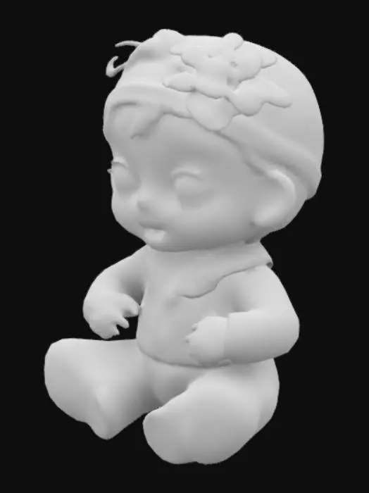 3D model for A cute little baby wearing velvet green clothes. She is looking directly at the viewer with bright, vibrant blue eyes.  A small, delicate white headband with a flower adornment is visible on the baby's head. The baby's expression is happy and joyful, with a slight smile. The baby has smooth, soft skin and a round, cherubic face. The composition focuses closely on the baby's face, creating a sense of intimacy and innocence. 