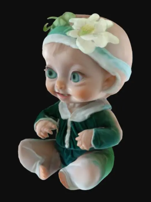 3D model for A cute little baby wearing velvet green clothes. She is looking directly at the viewer with bright, vibrant blue eyes.  A small, delicate white headband with a flower adornment is visible on the baby's head. The baby's expression is happy and joyful, with a slight smile. The baby has smooth, soft skin and a round, cherubic face. The composition focuses closely on the baby's face, creating a sense of intimacy and innocence. 