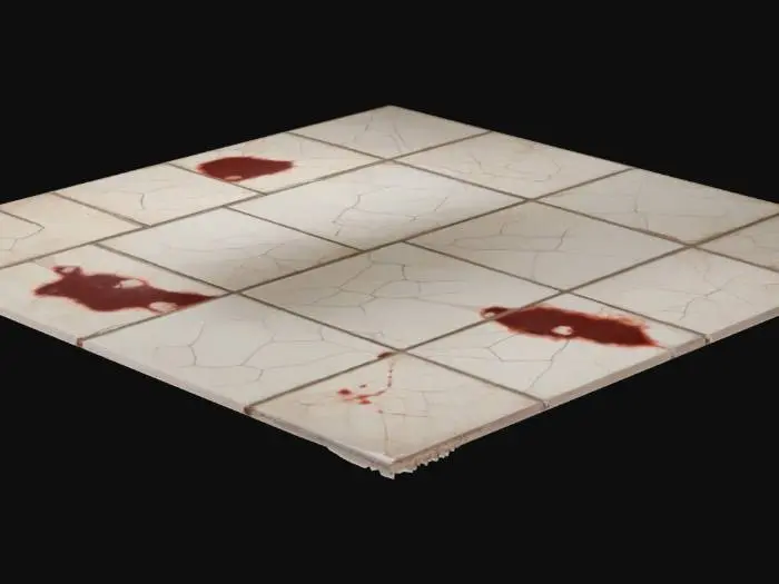 3D model for A hospital room floor is covered in square, off-white ceramic tiles, heavily aged with a pervasive grungy texture. Numerous fine cracks spiderweb across their surfaces, while some sections feature larger, irregular breaks. The tiles are marred by widespread brownish-red stains and darker, subtle wet blood puddles that appear slick and viscous, creating a grim, uneven, and somewhat slimy tactile surface.