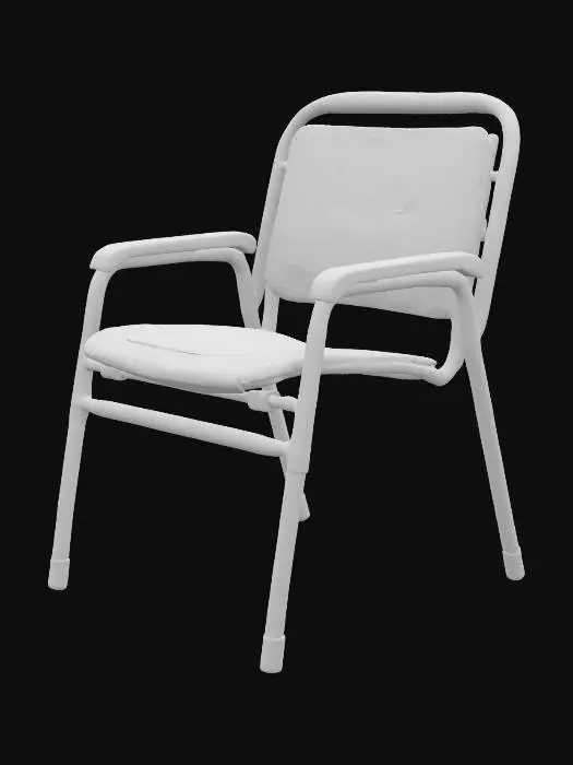 3D model for A worn-out metal hospital chair features a rusted, tubular frame with peeling, chipped white paint revealing dark, oxidized patches beneath. The attached cushion, once a vibrant green, is now severely faded, stained, and torn, exposing matted, discolored stuffing. Its surface shows subtle, dried reddish-brown blood splatters and grime, adding a grimy, tactile quality to the rough, cold metal and brittle fabric.