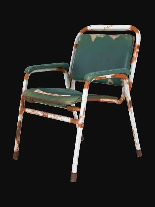 3D model for A worn-out metal hospital chair features a rusted, tubular frame with peeling, chipped white paint revealing dark, oxidized patches beneath. The attached cushion, once a vibrant green, is now severely faded, stained, and torn, exposing matted, discolored stuffing. Its surface shows subtle, dried reddish-brown blood splatters and grime, adding a grimy, tactile quality to the rough, cold metal and brittle fabric.