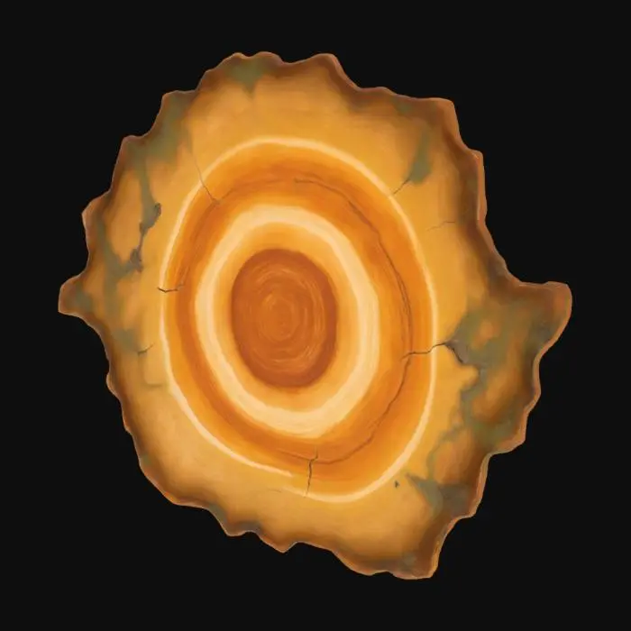 3D model for A prominent, irregular brown water leak stain stretches across a painted plaster ceiling, spreading outward with darker, concentric rings. Its central area is a deep, dehydrated ochre, fading to lighter, rust-toned edges. Around the perimeter, a fuzzy, dark greenish-black mold has bloomed, creating a raised, velvety texture that contrasts with the cracked, flaking paint of the ceiling. The surface appears damp yet dry, with a brittle, peeling quality.