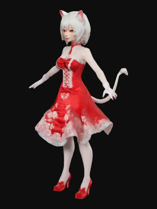 3D model for 💎✨ Momo, mature-aged anime Nekomimi with hourglass body figure, cat ears and tail 🐾, white pixie-bob hair ✂️. Wearing a red bell-shaped Rococo dress 🎀 tailored for a mature adult. She wears lace gloves 🧤, sleek red high heels 👠. Nanite-Mesh topography, T-Pose, ready for animation and rigging.